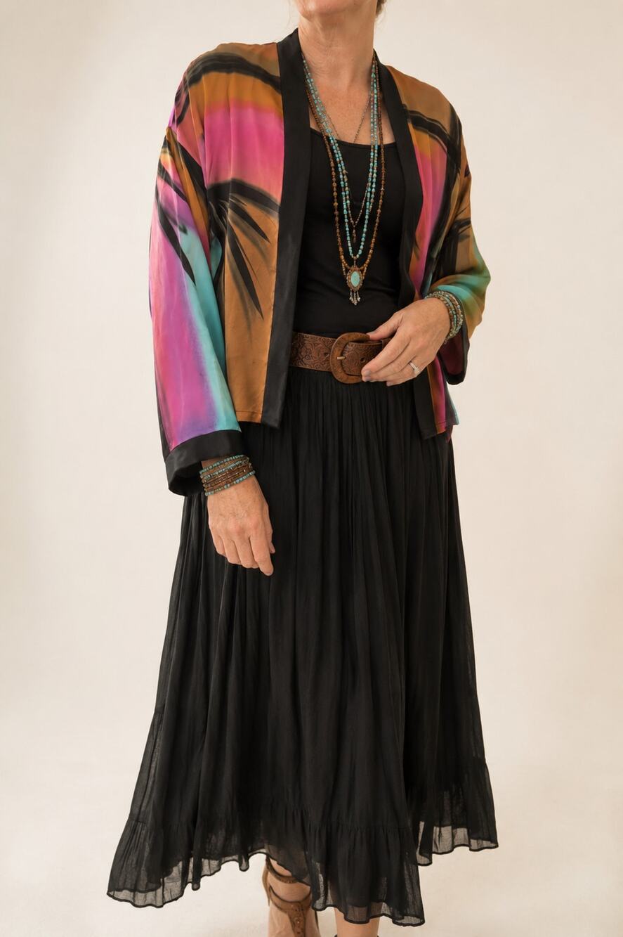 Womens Silk Kimono Style Jacket Artisan Print Size S/M Eclectic Multi Color